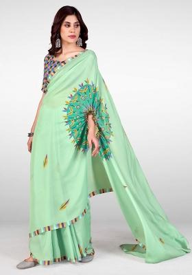 Light Green Printed Satin Saree Set