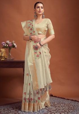 Cream Printed Linen Saree Set