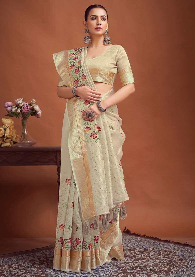 Cream Printed Linen Saree Set - Indya