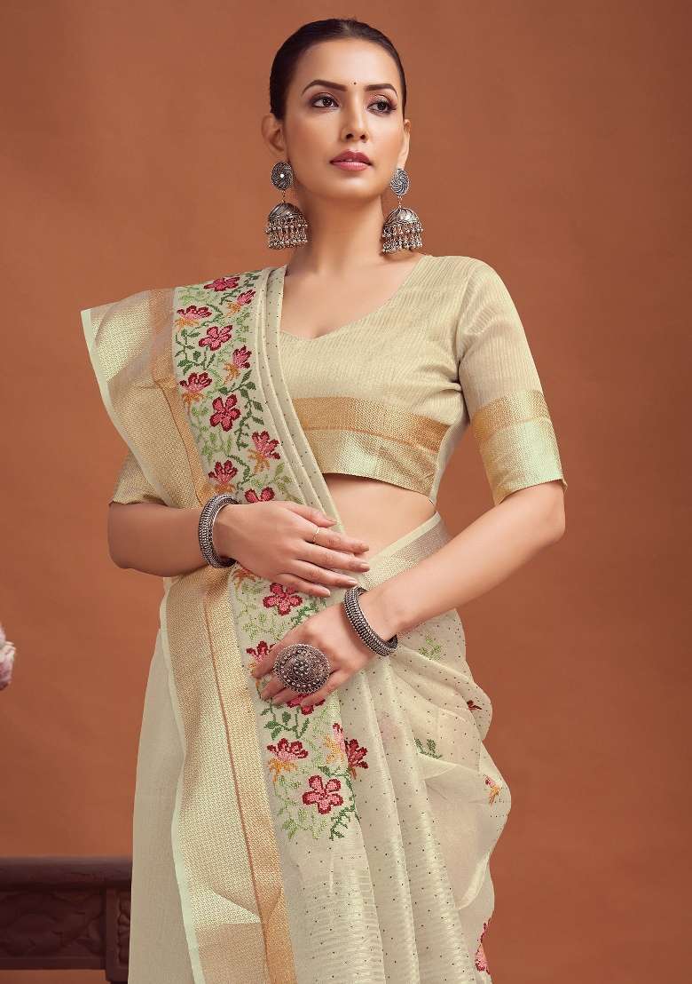 Cream Printed Linen Saree Set - Indya