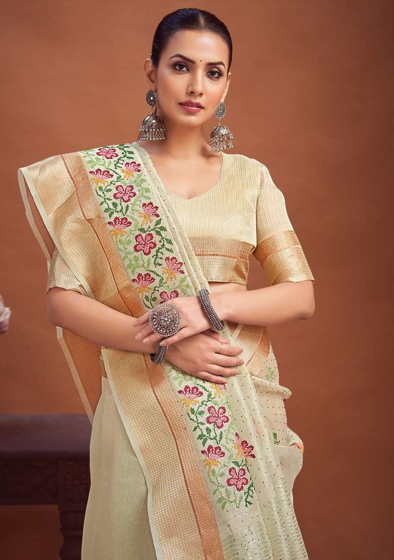 Cream Printed Linen Saree Set - Indya
