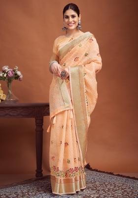 Peach Printed Linen Saree Set