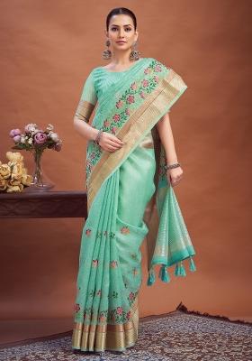 Turquoise Printed Linen Saree Set