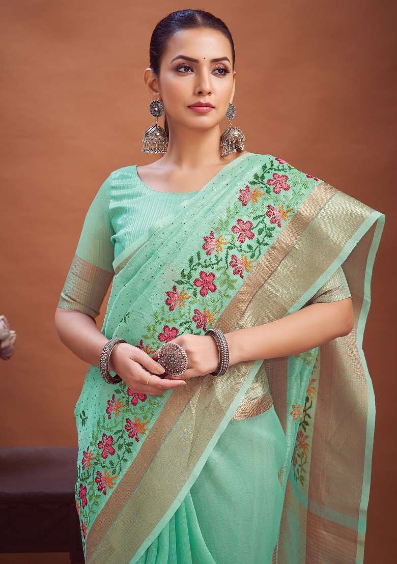 Turquoise Printed Linen Saree Set - Indya