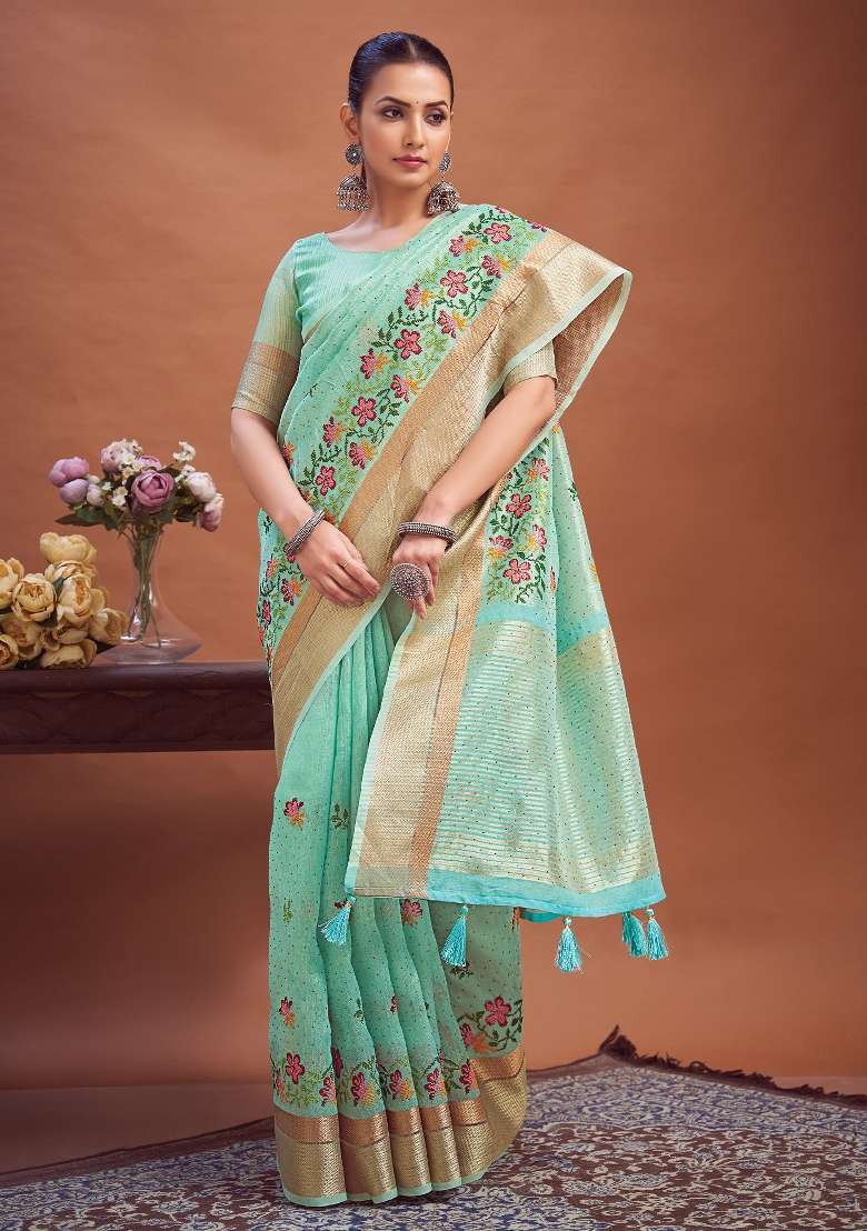 Turquoise Printed Linen Saree Set - Indya