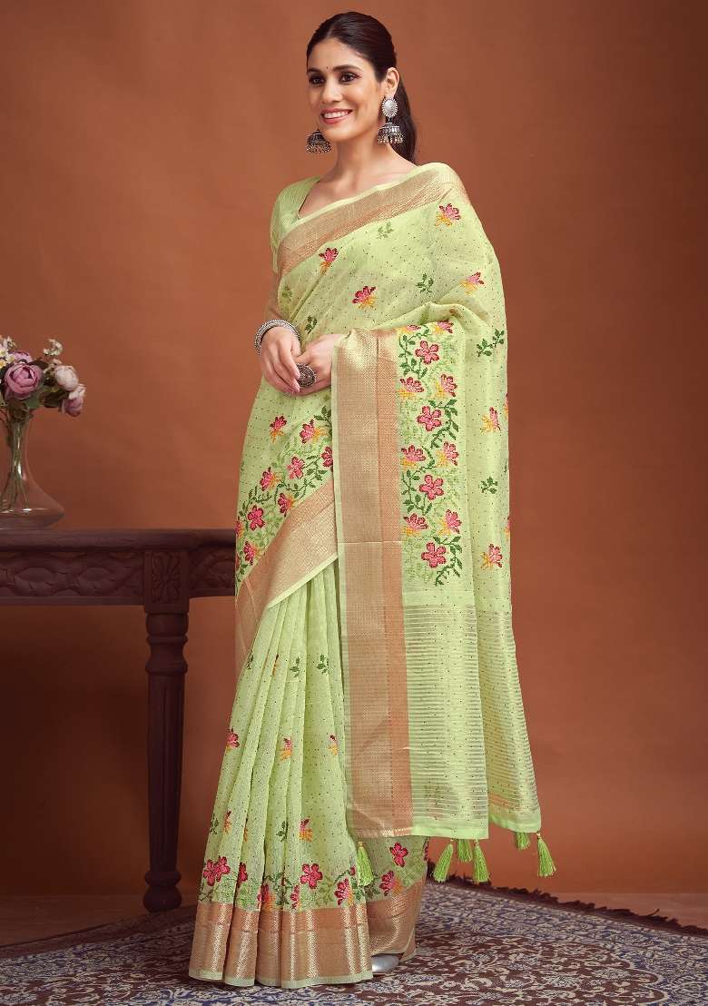 Light Green Printed Linen Saree Set - Indya