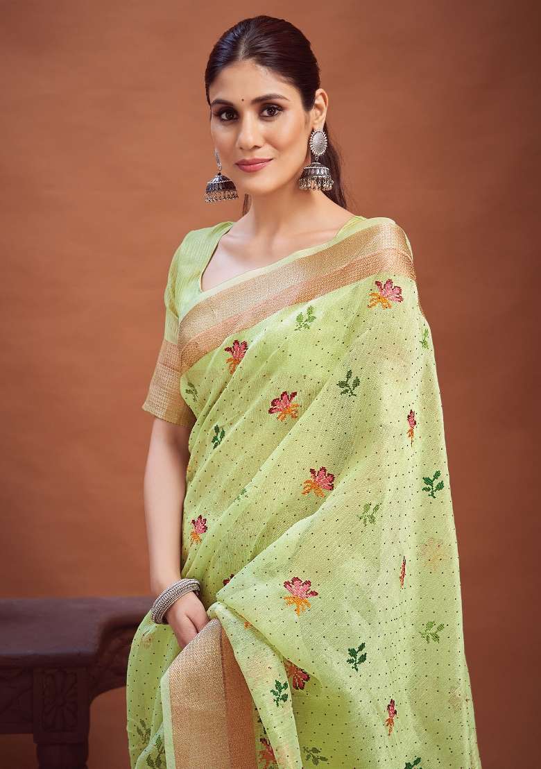 Light Green Printed Linen Saree Set - Indya