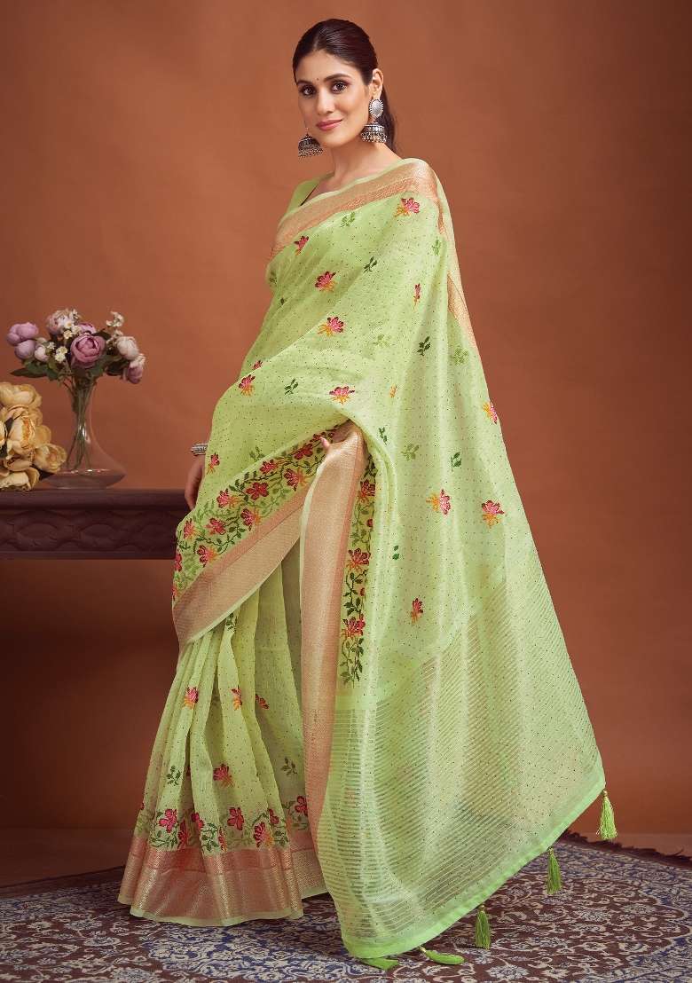 Light Green Printed Linen Saree Set - Indya