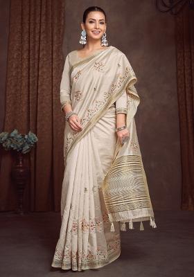 Cream Printed Linen Blend Saree Set
