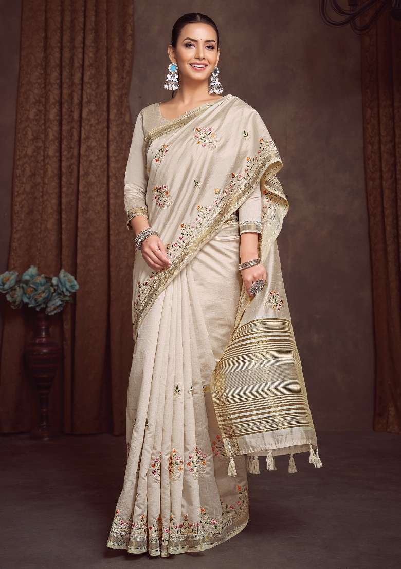 Cream Printed Linen Blend Saree Set - Indya