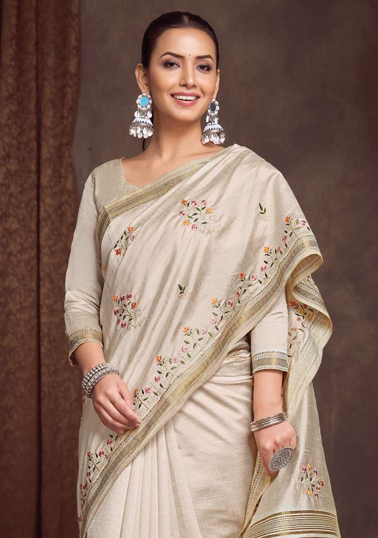 Cream Printed Linen Blend Saree Set - Indya