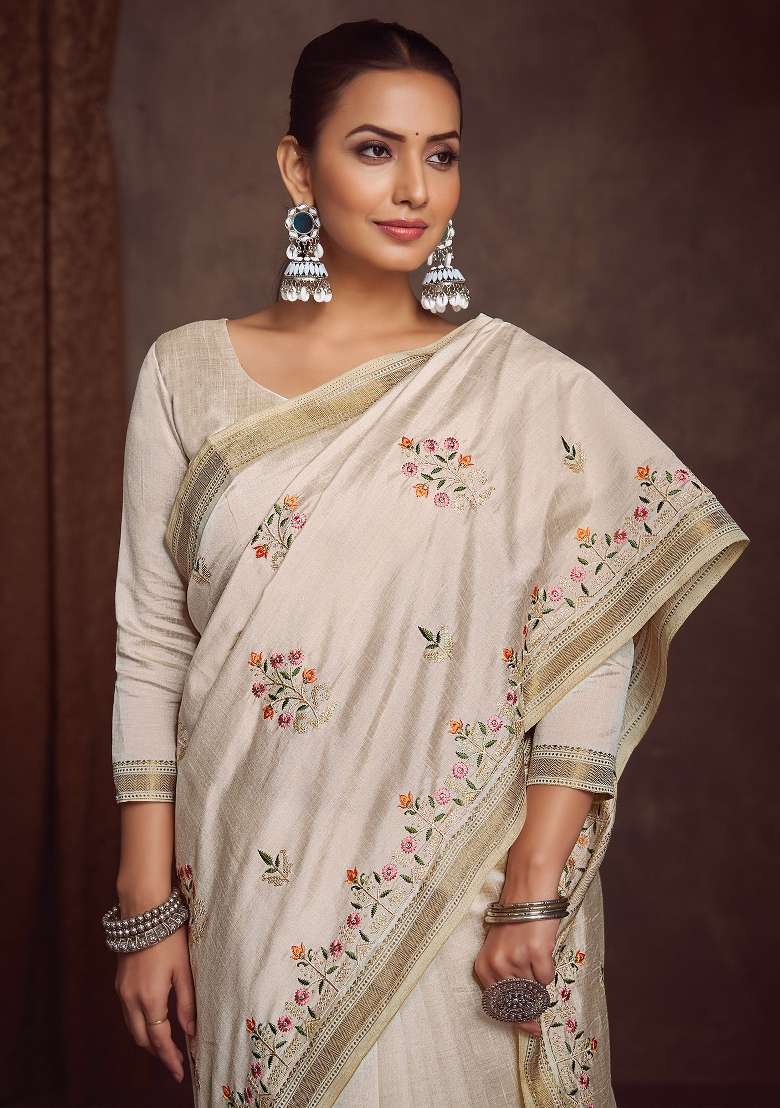 Cream Printed Linen Blend Saree Set - Indya