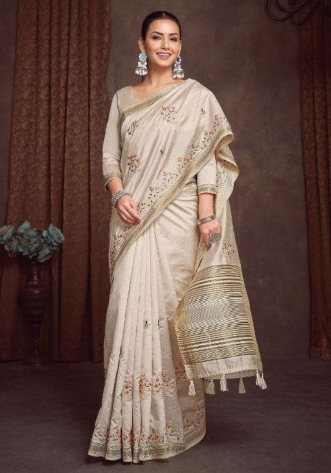 Cream Printed Linen Blend Saree Set — view on Indya