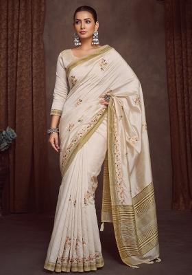 Cream Printed Linen Blend Saree Set