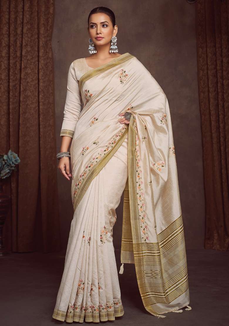 Cream Printed Linen Blend Saree Set - Indya
