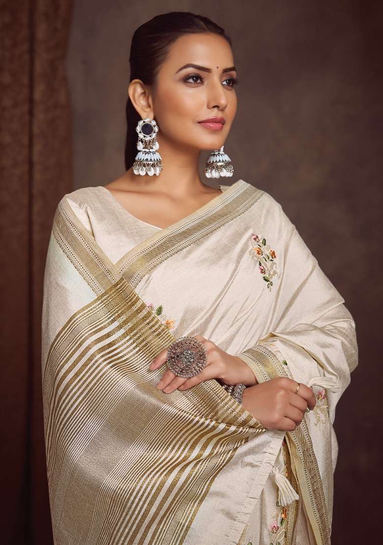 Cream Printed Linen Blend Saree Set - Indya