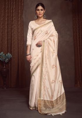 Cream Printed Linen Blend Saree Set