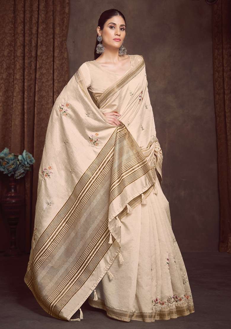 Cream Printed Linen Blend Saree Set - Indya