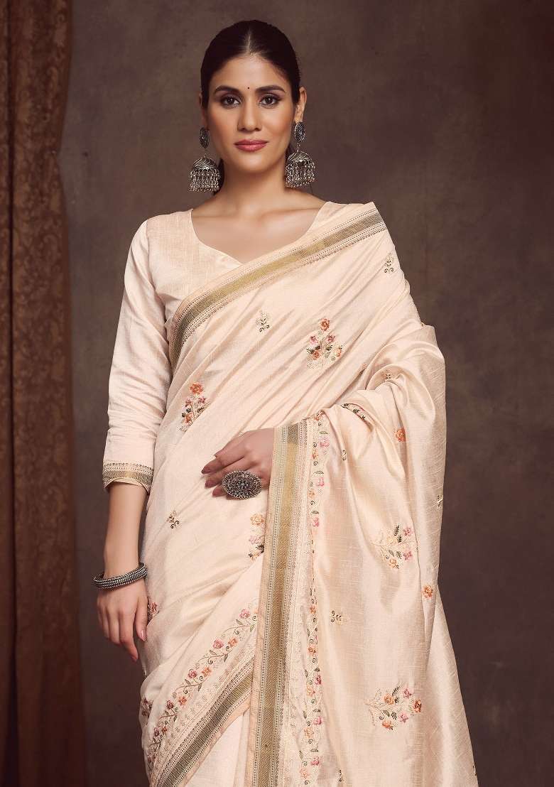 Cream Printed Linen Blend Saree Set - Indya