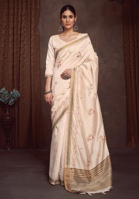 Cream Printed Linen Blend Saree Set — view on Indya