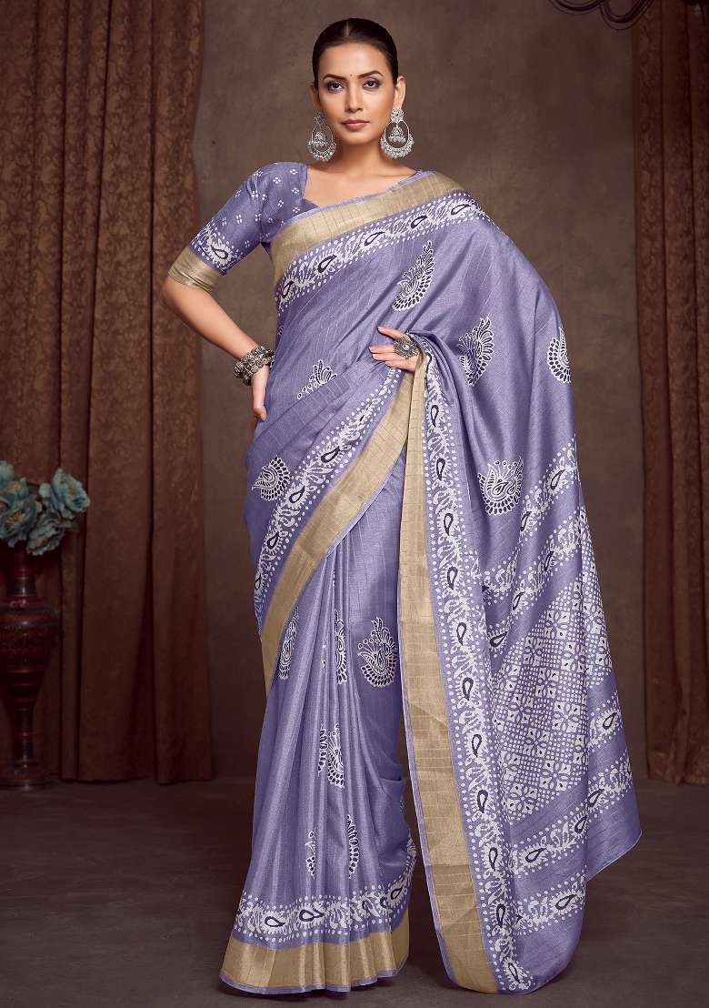 Lavender Printed Silk Blend Saree Set - Indya