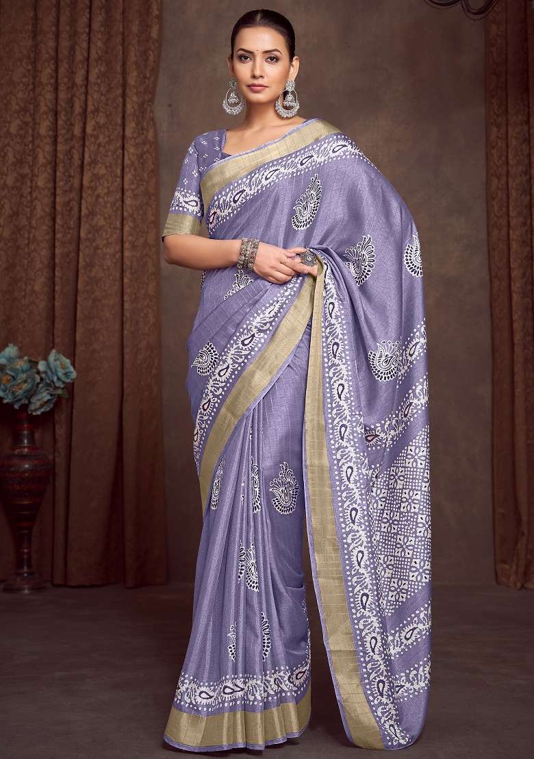 Lavender Printed Silk Blend Saree Set - Indya