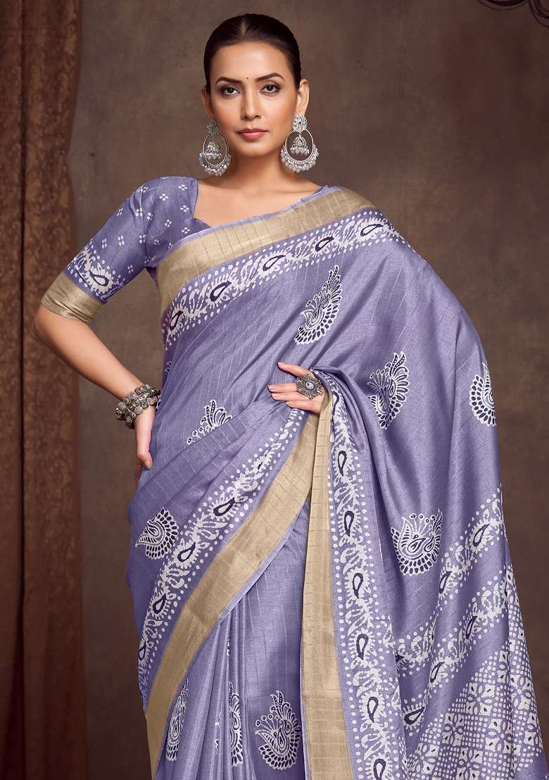 Lavender Printed Silk Blend Saree Set - Indya