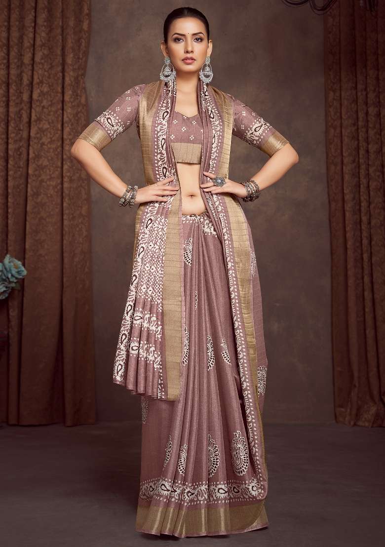 Light Brown Printed Silk Blend Saree Set - Indya