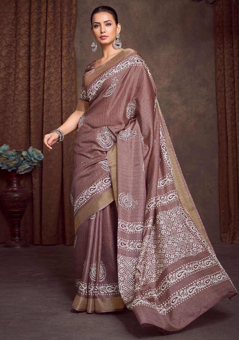 Light Brown Printed Silk Blend Saree Set - Indya