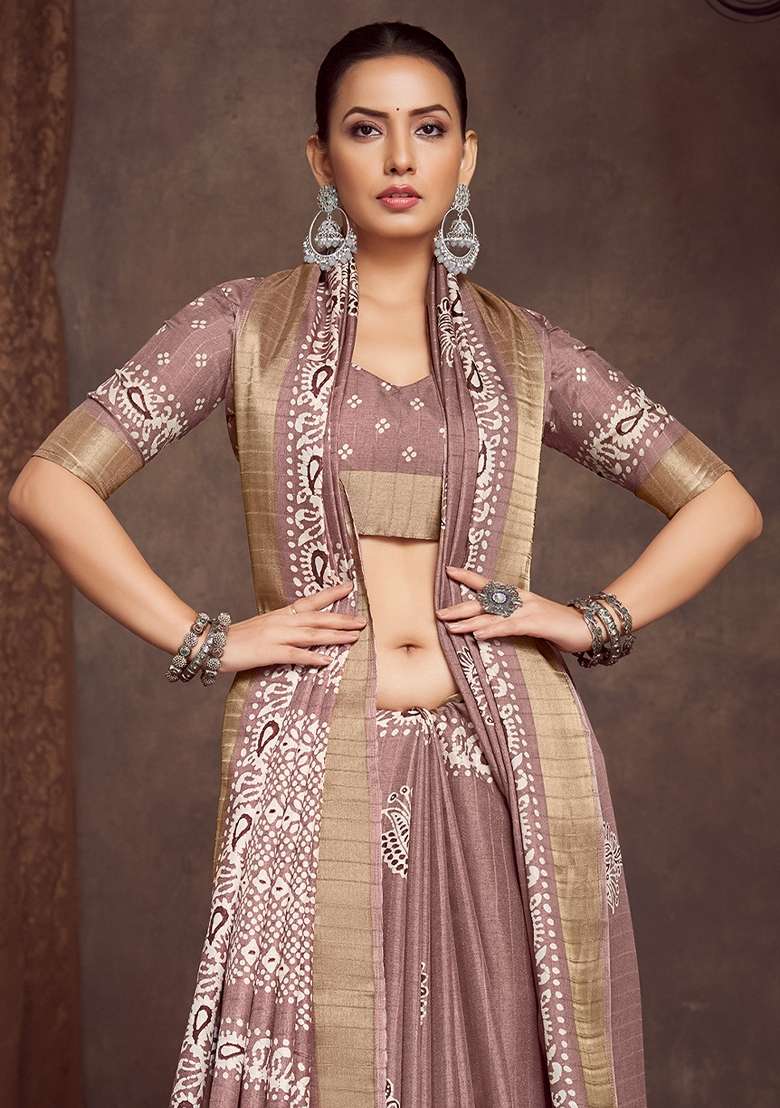 Light Brown Printed Silk Blend Saree Set - Indya