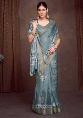 Sea Green Printed Silk Blend Saree Set