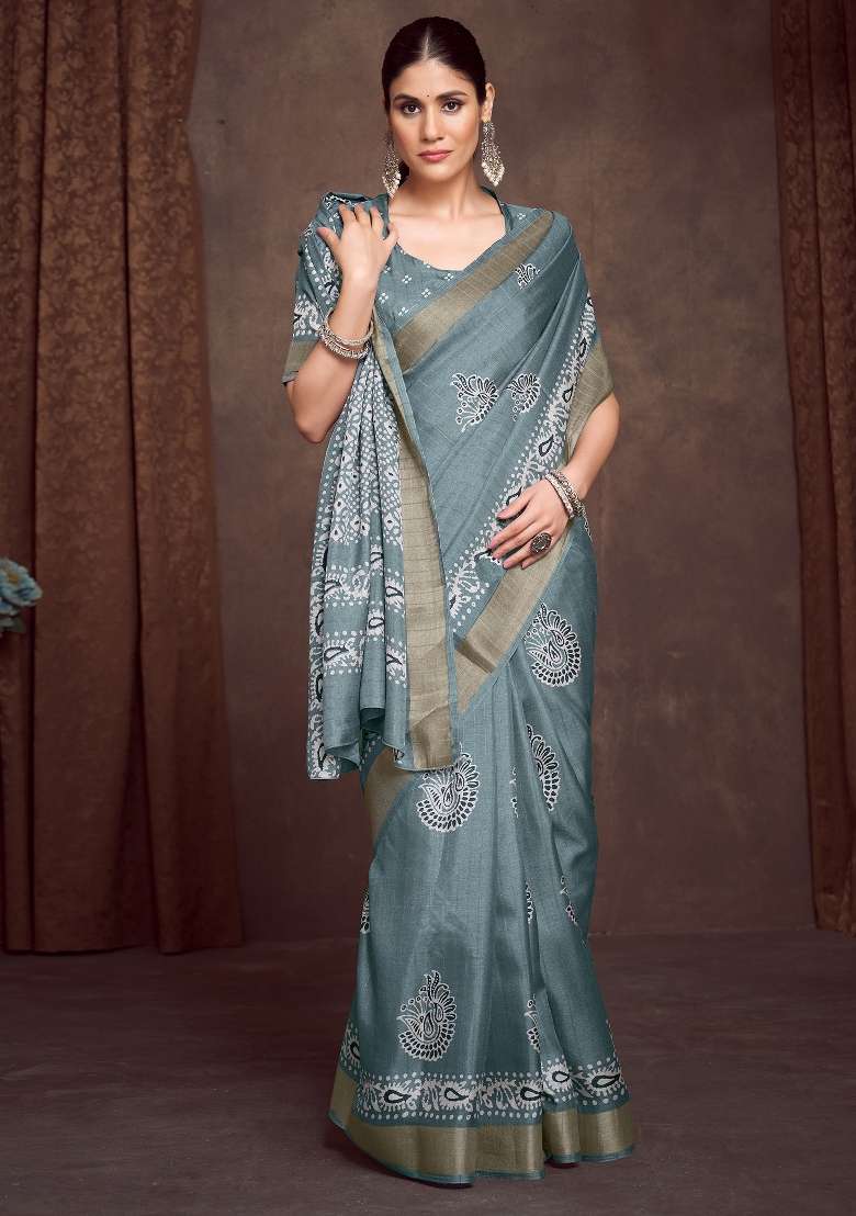 Sea Green Printed Silk Blend Saree Set - Indya