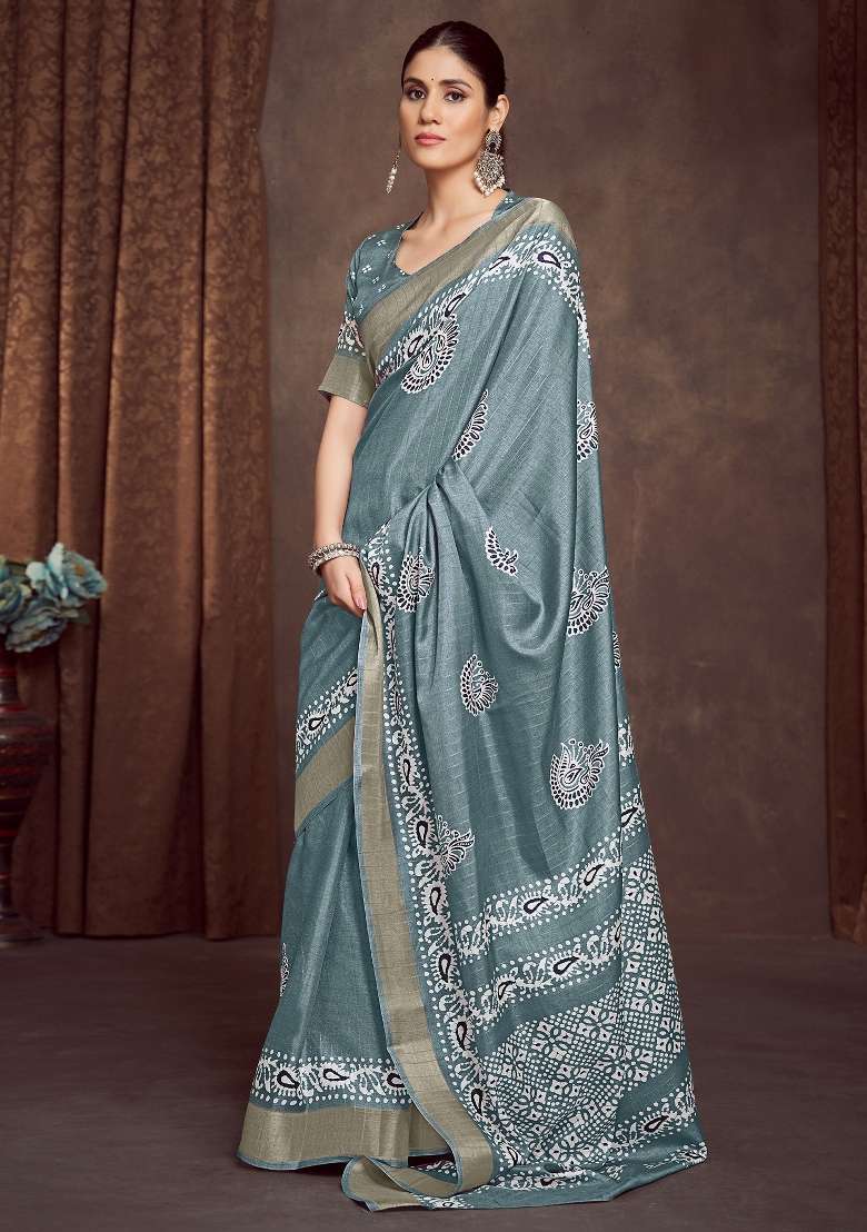 Sea Green Printed Silk Blend Saree Set - Indya