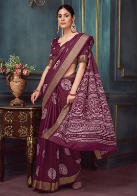 Burgundy Printed Silk Blend Saree Set