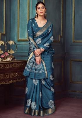 Navy Blue Printed Silk Blend Saree Set