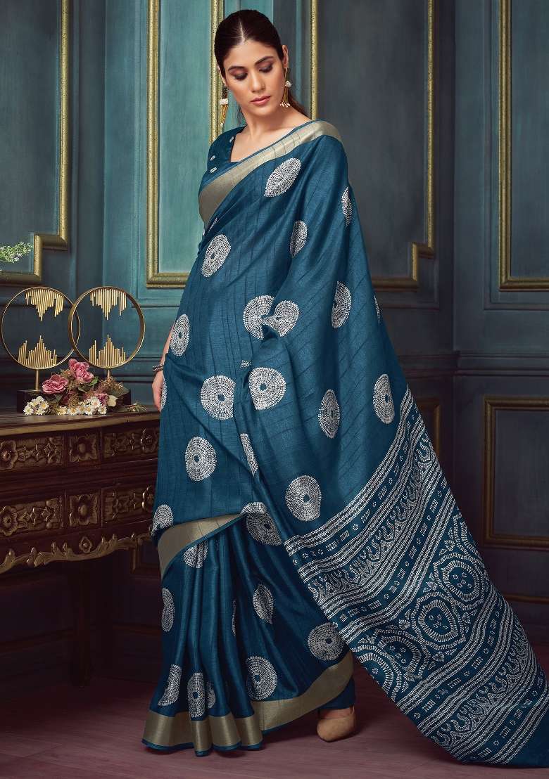 Navy Blue Printed Silk Blend Saree Set - Indya