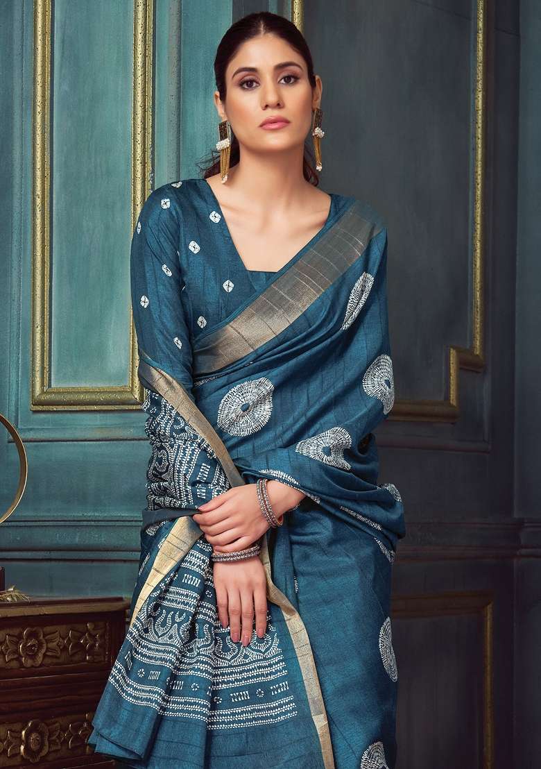 Navy Blue Printed Silk Blend Saree Set - Indya