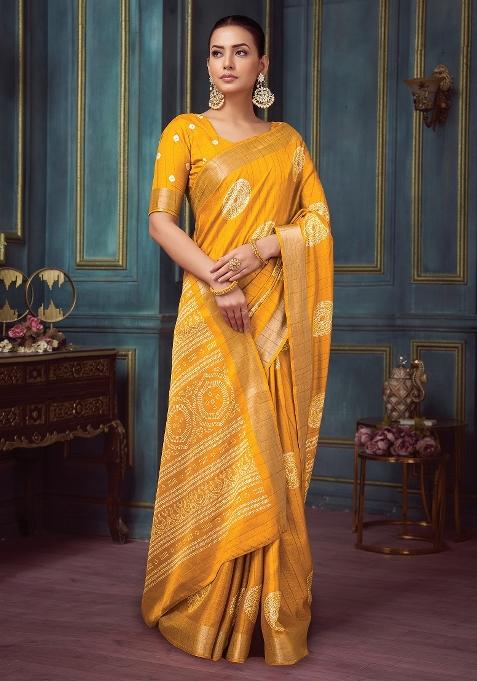 Yellow Printed Silk Blend Saree Set