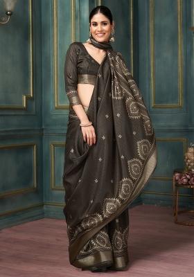 Dark Brown Printed Silk Blend Saree Set