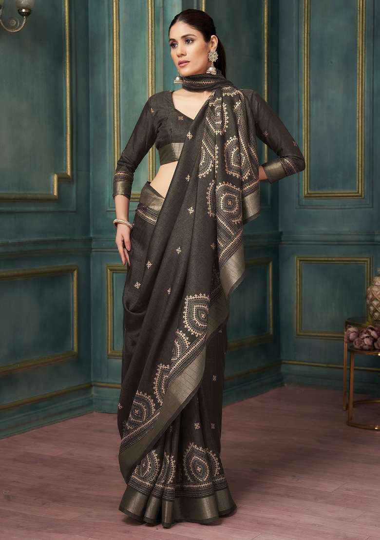 Dark Brown Printed Silk Blend Saree Set - Indya