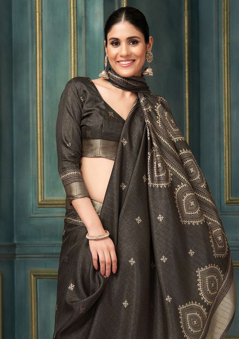 Dark Brown Printed Silk Blend Saree Set - Indya