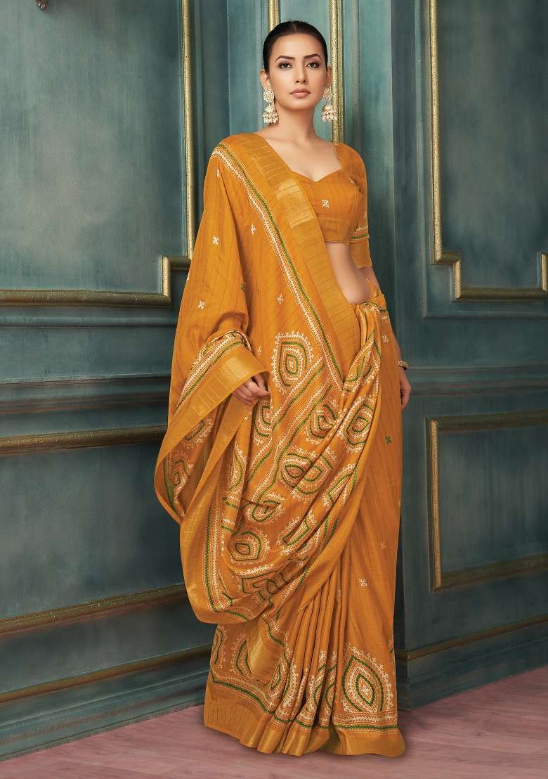Mustard Printed Silk Blend Saree Set - Indya
