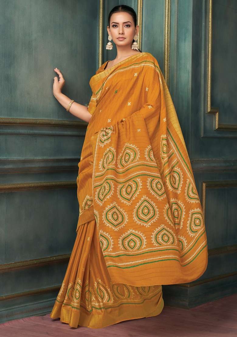 Mustard Printed Silk Blend Saree Set - Indya