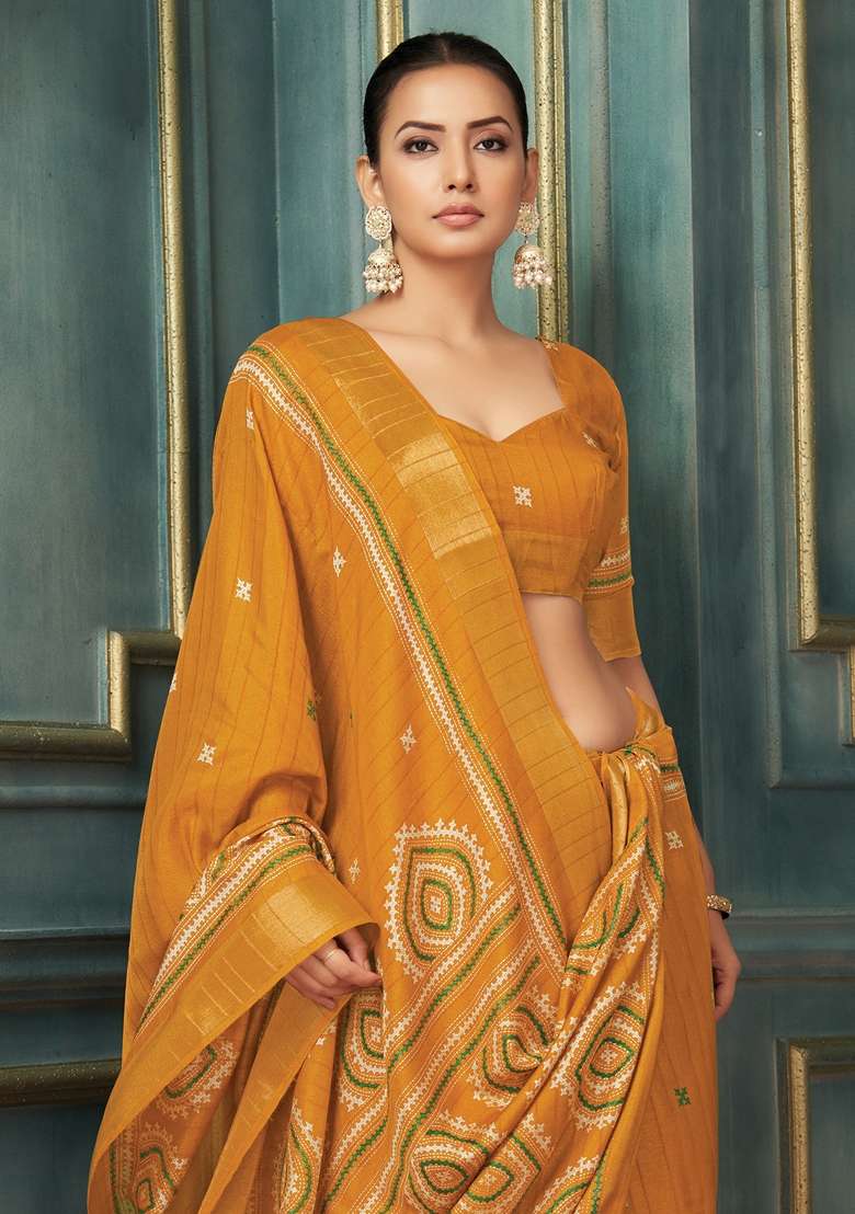 Mustard Printed Silk Blend Saree Set - Indya