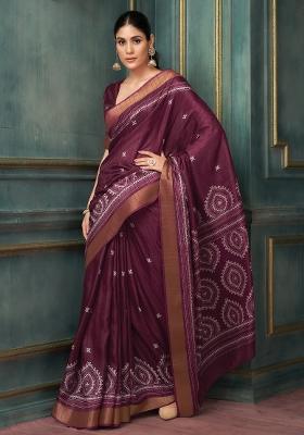 Burgundy Printed Silk Blend Saree Set