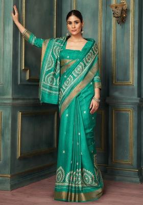 Teal Blue Printed Silk Blend Saree Set