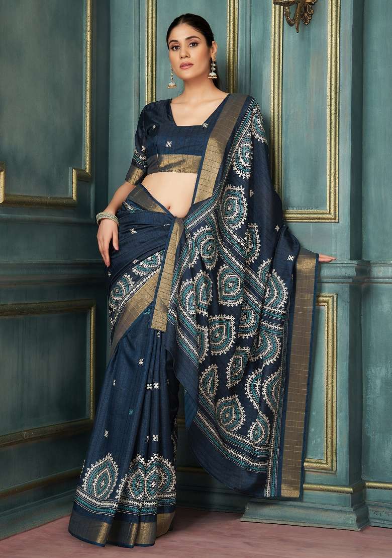 Navy Blue Printed Silk Blend Saree Set - Indya