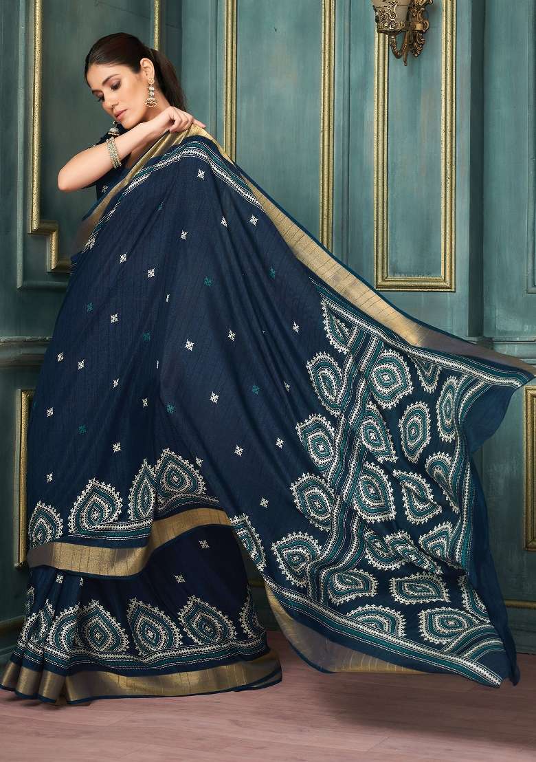 Navy Blue Printed Silk Blend Saree Set - Indya