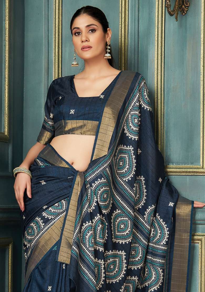 Navy Blue Printed Silk Blend Saree Set - Indya