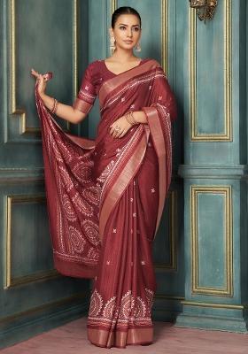 Maroon Printed Silk Blend Saree Set
